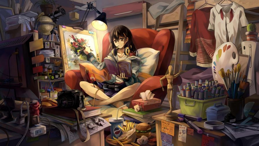 anime girl reading a book in bed